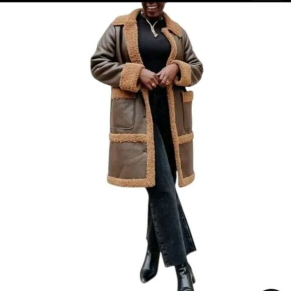 Bearpaw Sherpa Faux Leather Long Jacket XL NWT Heavy Warm Winter Cozy Elegant - Picture 1 of 10